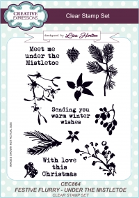 Billede: CREATIVE EXPRESSIONS STEMPEL A5 CEC864, FESTIVE FLURRY - UNDER THE MISTLETOE, førpris kr. 100,- nupris
