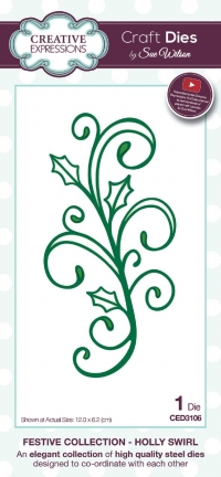 Billede: skære/prægeskabelon julegren, CREATIVE EXPRESSIONS SUE WILSON DIES CED3106,
12x6,2cm, HOLLY SWIRL