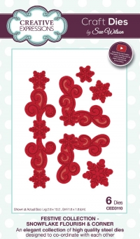 Billede: skære/prægeskabelon snefnugkant og hjørner, CREATIVE EXPRESSIONS SUE WILSON DIES CED3110, Største: 2,8x10,2cm, SNOWFLAKE FLOURISH & CORNER