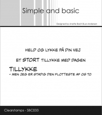 Billede: SIMPLE AND BASIC STEMPEL, HELD OG LYKKE PÅ DIN VEJ, ET STORT TILLYKKE MED DAGEN, TILLYKKE - MEN JEG ER STADIG DEN FLOTTESTE AF OS TO, SBC033, Biggest: 9x1cm, førpris kr. 32,- nupris 