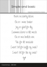 Billede: SIMPLE AND BASIC STEMPEL Bare en kærlig hilsen, Du er i mine tanker, Jeg er glad for dig, Sammen klarer vi det meste, Du er min bedste ven, Tak for dit venskab, Snart tid for kaffe og snak? Snart tid for the og snak?  SBC064, Største: 6,8x1cm, førpris kr. 56,- nupris  