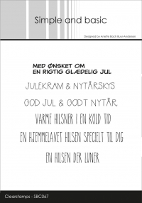 Billede: SIMPLE AND BASIC STEMPEL MED ØNSKET OM EN RIGTIG GLÆDELIG JUL, JULEKRAM & NYTÅRSKYS, GOD JUL & GODT NYTÅR, VARME HILSNER I EN KOLD TID, EN HJEMMELAVET HILSEN SPECIELT TIL DIG, EN HILSEN DER LUNER,  SBC067, Største: 0,9x8,7cm, førpris kr. 48,- nupris  