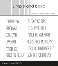 Billede: Simple and basic Clearstamp LOMMEPENGE, TIL TANT OG FJAS, PENGEGAVE, TIL SHOPPETUREN, COOL CASH, PENGE TIL KØREKORTET, GAVEKORT, OLD SCHOOL MOGILEPAY, FERIEPENGE, FOR DU FORTJENER DET, PENGE TIL REJSEN, SOM TAK FOR HJÆLPEN, SBC106,Største: 4,9x0,7cm, førpris kr. 48,- nupris 