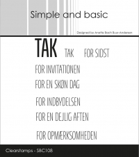Billede: Simple and basic Clearstamp TAK, TAK FOR SIDST, FOR INVITATIONEN, FOR EN SKØN DAG, FOR INDBYDELSEN, FOR EN DEJLIG AFTEN, FOR OPMÆRKSOMHEDEN, SBC108, Største: 4,7x0,7cm, førpris kr. 48,- nupris 
