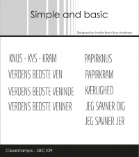 Billede: Simple and basic Clearstamp KNUS - KYS- KRAM, PAPIRKNUS, VERDENS BEDSTE VEN, PAPIRKRAM, VERDENS BEDSTE VENINDE, KÆRLIGHED, VERDENS BEDSTE VENNER, JEG SAVNER DIG, JEG SAVNER JER,  SBC109, Største: 5,2x0,7cm, førpris kr. 48,- nupris 