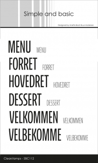 Billede: Simple and basic Clearstamp MENU, FORRET, HOVEDRET, DESSERT, VELKOMMEN, VELBEKOMME, SBC112, Menu: 2,7x1,5cm