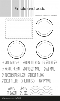 Billede: Simple and basic Clearstamp frimærke og stempler, EN VENLIG HILSEN, SPECIAL DELIVERY, EN SØD HILSEN, EN KÆRLIG HILSEN, YOU'VE GOT MAI, SNAIL MAI, EN FØDSELSDAGSHILSEN, SPECIELT TIL DIG, SPECIELT TIL JER, EN JULEHILSEN, HAPPY MAIL, ÅBNES PÅ DAGEN, ÅBNES 24. DEC., SBC113, Største: 5,6x4cm