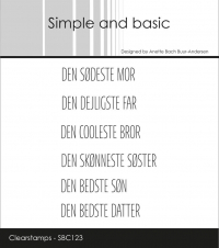 Billede: Simple and basic Clearstamp, DEN SØDESTE MOR, DEN DEJLIGSTE FAR, DEN COOLESTE BROR, DEN SKØNNESTE SØSTER, DEN BEDSTE SØN, DEN BEDSTE DATTER, SBC123, Største: 4,8x0,7cm