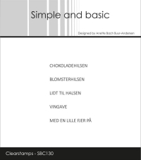 Billede: Simple and basic Clearstamp små danske tekster, CHOKOLADEHILSEN, BLOMSTERHILSEN, LIDT TIL HALSEN, VINGAVE, MED EN LILLE FJER PÅ, SBC130, Største: 3,2x0,3cm