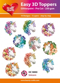 Billede: UDSTANSEDE MOTIVER MED GLITTER/GULD ÉNHJØRNING MED BLOMSTER, 10 ASS. HC9890