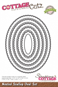 Billede: skæreskabelon COTTAGECUTZ DIES “Nested Scallop Oval” CCB-050, Største: 8,9x11,4cm, førpris kr. 180,00, nupris