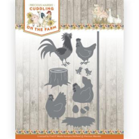Billede: skære/prægeskabelon høns, kyllinger og en hane, træstub, æg og rede, PRECIOUS MARIEKE DIE 