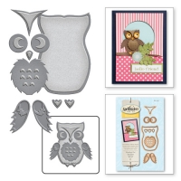 Billede: skæreskabelon ugle, Woodland Owl, Eyes: 0.50 x 0.50 inches, Body: 1.30 x 2.00 inches,
Wings: 0.50 x 0.80 inches, Chest: 0.95 x 0.90 inches, Brow: 0.65 x 0.90 inches, Nose: 0.20 x 0.30 inches, Feet: 0.25 x 0.25 inches, spellbinders