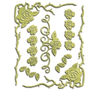 Billede: skæreskabelon Spellbinders S5-235 Shapeabilites Roses and Thorns, Leaf: ¼ x ½” (8 pcs) Rose: ⅝ x ¾” (8 pcs) Accent: 1⅜ x 3¾” Corner Rose: 5¼ x 4” (2 pcs), førpris kr. 170,00, nupris
