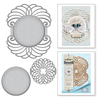 Billede: skæreskabelon Venise Lace-Marcheline Plume, Approximate Size: Circle Emblem: 2.85 x 2.80 in. 7.2 x 7.1cm, Emblem Frame: 3.15 x 3.15 in. 8.0 x 8.0cm, Plume: 4.85 x 5.90 in. 12.3 x 14.9cm, Spellbinders