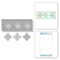 Billede: skæreskabelon Moroccan Kaleidoscope Slimline Etched Dies from the Slimline Collection, yderste die 20.60 x 7.90 cm, midterste die 20.50 x 7.80 cm, de tre små 5.60 x 5.60 cm