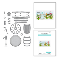 Billede: skære/prægeskabelon tønde, vognhjul, hegn, vandpost, fuglehus samt småkviste, Rustic Garden, Spellbinders S5-578, blomsterne købes separat