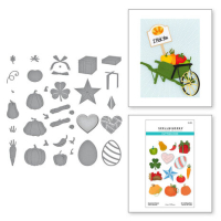 Billede: skære/prægeskabelon små pynteting, grøntsager, gave hjerte, æg, stjerne, firkløver, trækævler og græskar, Seasonal Decor, Spellbinders S5-579, trillebøren købes separat