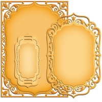 Billede: skæreskabelon 5 x 7 Elegant Labels Four Card Creator Etched Dies, 1: 3.875 x 1.875 in 2: 3.25 x 5.875 in 3: 4.625 x 6.625 in, førpris kr. 279,00,nupris
