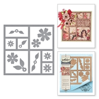 Billede: Spellbinders Windows of Memories, Frame: 5.60 x 5.60 in, Flower A1: 1.50 x 1.50 in; Flower A2: 1.30 x 1.30 in; Flower A3: 1.10 x 1.10 in, Flower B1: 0.95 x 0.95 in; Flower B2: 0.85 x 0.85 in; Flower B3: 0.75 x 0.75 in, Single Leaf: 1.20 x 0.50 in; Double Leaf: 1.60, S6-106