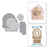 Billede: skæreskabelon til opbygning af 3dimentionel kort, Shapeabilities Grand Dome 3D Card Etched Dies Elegant 3D Vignettes, Grand Dome Outline: 4.80 x 5.20 in. 12.20 x 13.20 cm, Grand Dome Inlay: 4.30 x 4.10 in. 10.90 x 10.40 cm, Inside Circle: 3.50 x 3.50 in. 8.90 x 8.90 cm, Side Panel: 2.00 x 3.75 in. 5.10 x 9.50 cm, Side Panel Insert: 1.45 x 3.70 in. 3.70 x 9.40 cm, Tag: 2.40 x 2.40 in. 6.10 x 6.10 cm, Tag Insert: 1.70 x 1.30 in. 4.30 x 3.30 cm, Spellbinders
