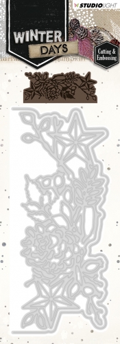 Billede: skære/prægeskabelon grenkant med kogle, blad og stjerner med baggrundskantdie, der kun skæres fra i kantsiden, STUDIO LIGHT DIES STENCILWD114, 132x57mm, førpris kr. 60,00, nupris