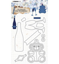 Billede: skære/prægeskabelon champagneflaske, glas og stor bamsecharms, Studio Light Dies 
