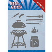 Billede: skæreskabelon kuglegrill med alt tilbehør incl. briketter, ild, tænger og mad, big guys, YVONNE DESIGN DIE YCD10171, 10,7x11,5cm, førpris kr. 66,- nupris