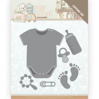 Billede: skære/prægeskabelon baby bodysuit, fodaftryk, sutteflaske, sut, rangle og sikkerhedsnål, YVONNE DESIGN DIE YCD10233, sutteflaske ca. 4,2x1,7cm
