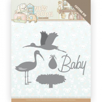 Billede: skære/prægeskabelon stork med baby og stork på rede, YVONNE DESIGN DIE YCD10234, flyvende stork ca. 7,2x3,2cm