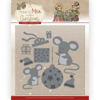 Billede: skære/prægeskabelon mus med huer, gaver og julekugle, YVONNE DESIGN DIE 