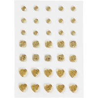Billede: 1 Pk., 35 Stk., Rund, Firkant, Hjerte, 6+8+10 mm, Guld, førpris kr. 25,- nupris