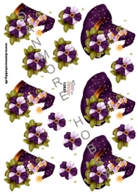 Billede: lilla heksehat med blomster, dan-design, førpris kr. 6,- nupris