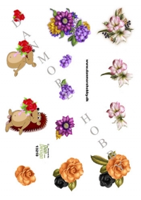 Billede: 4 små billeder af blomster og pindsvin, dan-design, tilbud førpris kr. 6,- nupris
