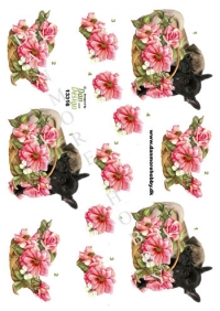 Billede: 2 mopser ved en kurv blomster, dan-design, førpris kr. 6,- nupris