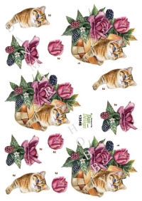 Billede: kat i kurv med blomster og bær, dan-design