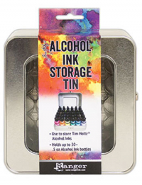 Billede: Tin æske til opbevaring af bl.a. Alcohol Ink, kan rumme 30 flasker. Kan også benyttes til opbevaring af Rangers glitterlim Stickles