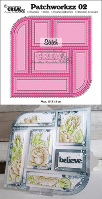 Billede: skæreskabelon patchwork med stitch, Sæt med 13 løse dies til patchwork på kort, Dies Crealies Patchworkzz CLPW02 stitch, 13x13cm, førpris kr. 176,- nupris