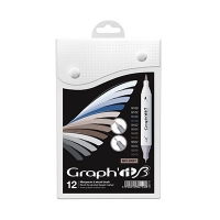 Billede: Graphit Brush & Extra fine,12 stk. i opbevaringsboks, Mix grey, 
Alcohol bas. marker dobbeltspids, førpris kr. 230,- nupris