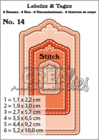 Billede: skæreskabelon 6 stk. labels/tags med stitch og huller, Dies Crealies Labelzz & Tagzz 14 CLLT14