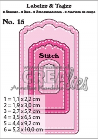 Billede: skæreskabelon 6 stk. labels/tags med stitch og huller, Dies Crealies Labelzz & Tagzz 15 CLLT15