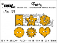 Billede: skæreskabelon 6 små knapper, Dies Crealies Partz 39 Partz39 6xknapper, 13x19-21x20-17x20-18x18-18x8-20x18mm, førpris kr. 60,- nupris
