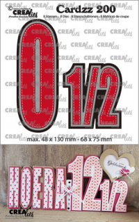 Billede: skæreskabelon tal 0 og 1/2 med stitch og dobbeltskygge, Dies Crealies Cards 200 tallene 0+1/2, Max. 48 x130 mm -68 x75mm 6 dies