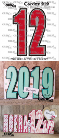 Billede: skæreskabelon tal 1 og 2 med stitch og dobbeltskygge, Dies Crealies Cards 212 tallene 1+2, Max. 38 x130 mm-48 x130 mm 6 dies