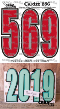Billede: skæreskabelon tal 5 og 6, hvor tallet 6 også bruges som tallet 9, med stitch og dobbeltskygge, Dies Crealies Cards 256 tallene 5+6, Max. 49 x130 mm-49 x130 mm 6 dies