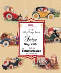 Billede: Toppers 9x9cm 18stk, 3x6 designs, karton 200g,  Drive my car, FelicitaDesign, førpris kr. 16,- nupris