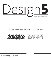Billede: Design5 clearstamp DU ER BARE DEN BEDSTE, ELSKER DIG, CHARME TA'R DIG IKKE HELE VEJEN, D5C089, ELSKER DIG: 2x0,4cm, førpris kr. 24,- nupris