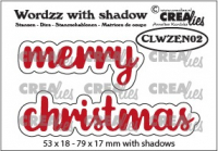 Billede: skæreskabelon merry christmas med skygge, Wordzz dies with shadow, no. 02, EN: merry christmas, Crealies, CLWZEN02, This set consists of 4 dies: 53 x 18 - 79 x 17 mm with shadows.