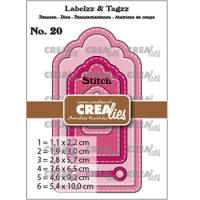 Billede: skæreskabelon 3 små tags med stitch, Dies Crealies CLLT20 Labelzz & Tagzz 20, største 5,4 x 10 cm
