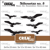 Billede: skæreskabelon flyvende fugle, Silhouetzz dies no. 5, 6 Flying birds
This set consists of 6 dies. 2x 8 x 23 mm / 2x 12 x 32 mm / 2x 15 x 42 mm, CreaLies
